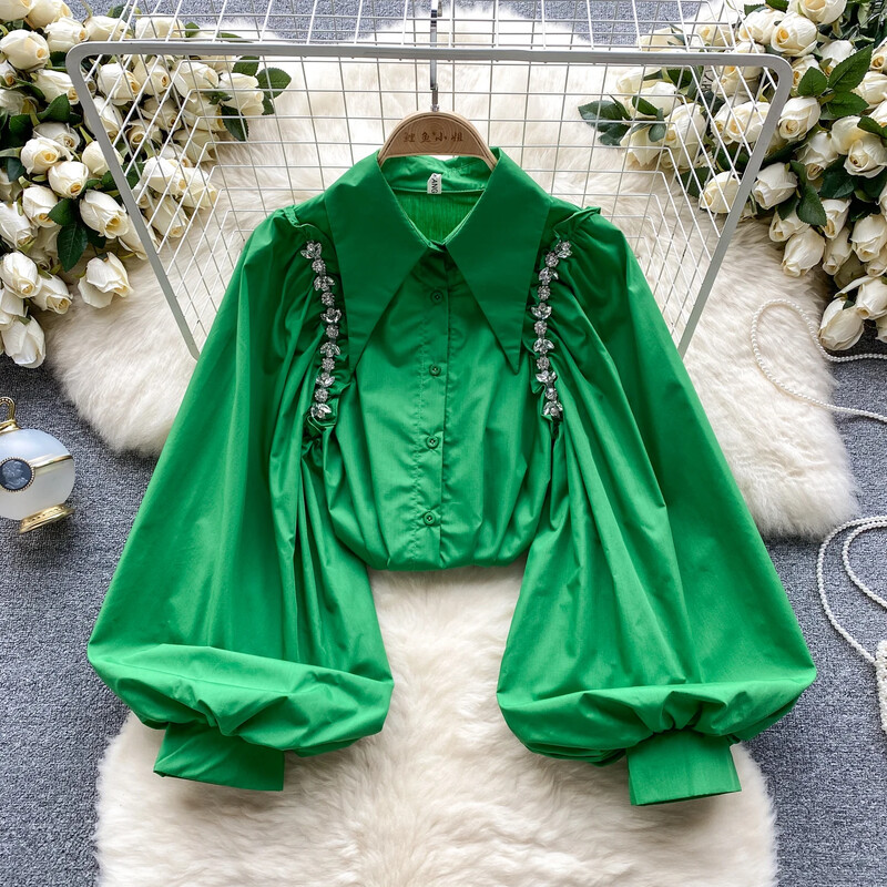 Sieviešu atlaižu apkakle, laterna ar garām piedurknēm, brīva blūze, slaida, eleganta franču modes top seksīga pavasara vasaras sieviešu krekls