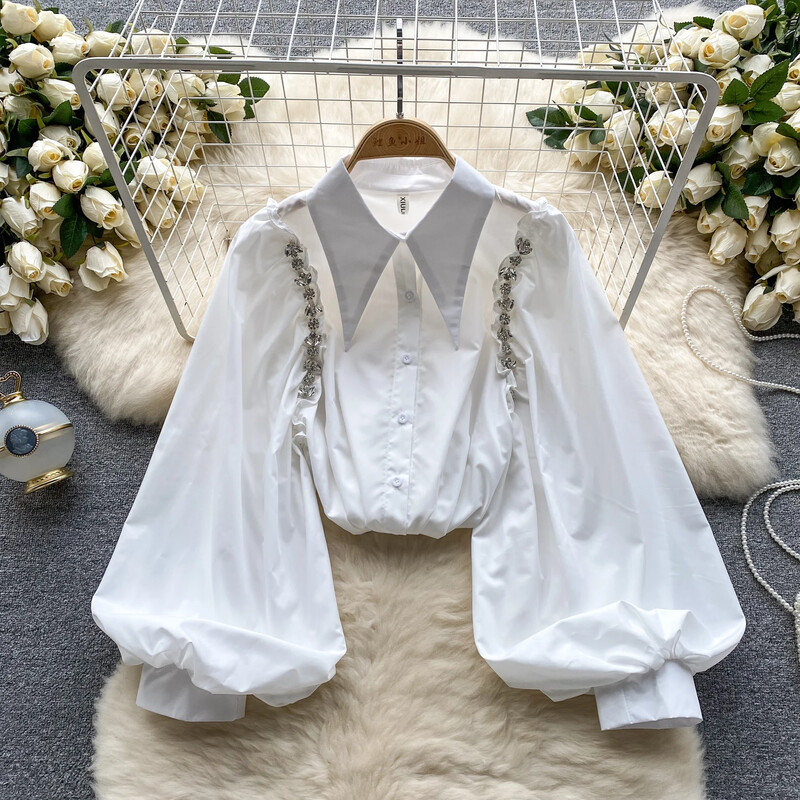 Sieviešu atlaižu apkakle, laterna ar garām piedurknēm, brīva blūze, slaida, eleganta franču modes top seksīga pavasara vasaras sieviešu krekls