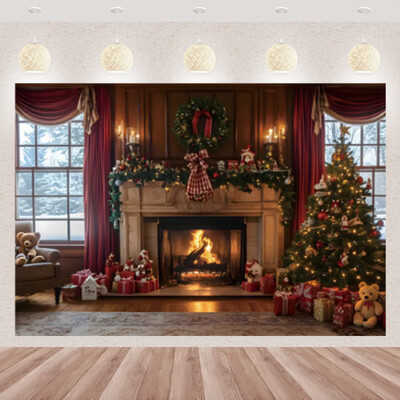 Karácsonyi fotózás háttér téli ablak karácsonyfa medve ajándék családi parti dekoráció gyerekeknek portré hátterek fotó kellékek