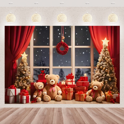 Karácsonyi fotózás háttér téli ablak karácsonyfa medve ajándék családi parti dekoráció gyerekeknek portré hátterek fotó kellékek