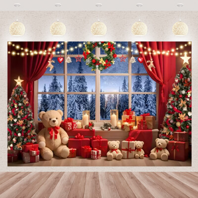 Karácsonyi fotózás háttér téli ablak karácsonyfa medve ajándék családi parti dekoráció gyerekeknek portré hátterek fotó kellékek