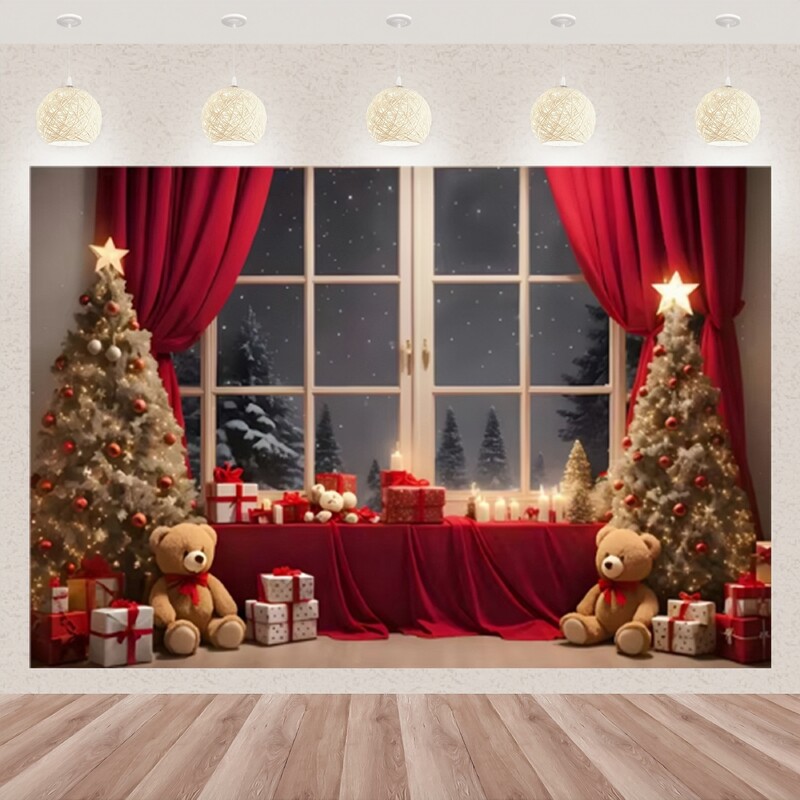 Karácsonyi fotózás háttér téli ablak karácsonyfa medve ajándék családi parti dekoráció gyerekeknek portré hátterek fotó kellékek