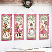 Nagy, 4 részes szett karácsonyi rózsaszín vintage zászló, karácsonyi transzparens karácsonyi ajtóborító rózsaszín boldog karácsonyi zászló fali dekoráció