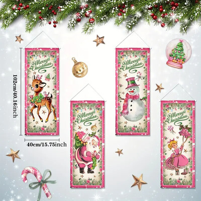 Nagy, 4 részes szett karácsonyi rózsaszín vintage zászló, karácsonyi transzparens karácsonyi ajtóborító rózsaszín boldog karácsonyi zászló fali dekoráció