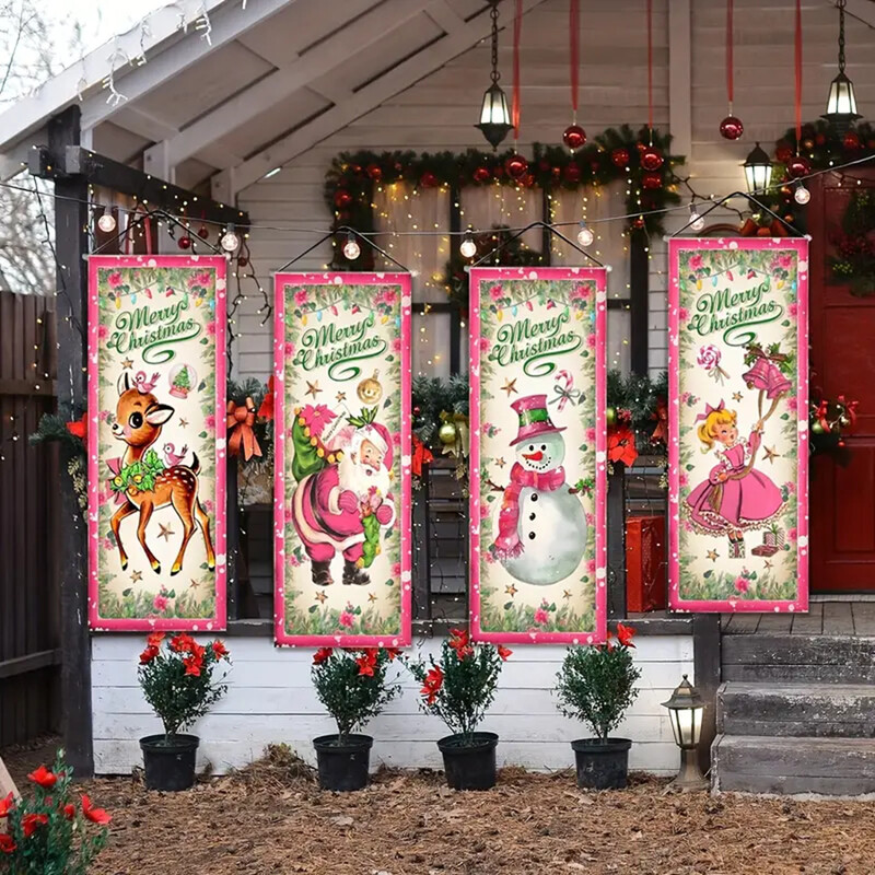 Nagy, 4 részes szett karácsonyi rózsaszín vintage zászló, karácsonyi transzparens karácsonyi ajtóborító rózsaszín boldog karácsonyi zászló fali dekoráció