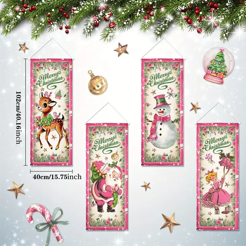 Nagy, 4 részes szett karácsonyi rózsaszín vintage zászló, karácsonyi transzparens karácsonyi ajtóborító rózsaszín boldog karácsonyi zászló fali dekoráció