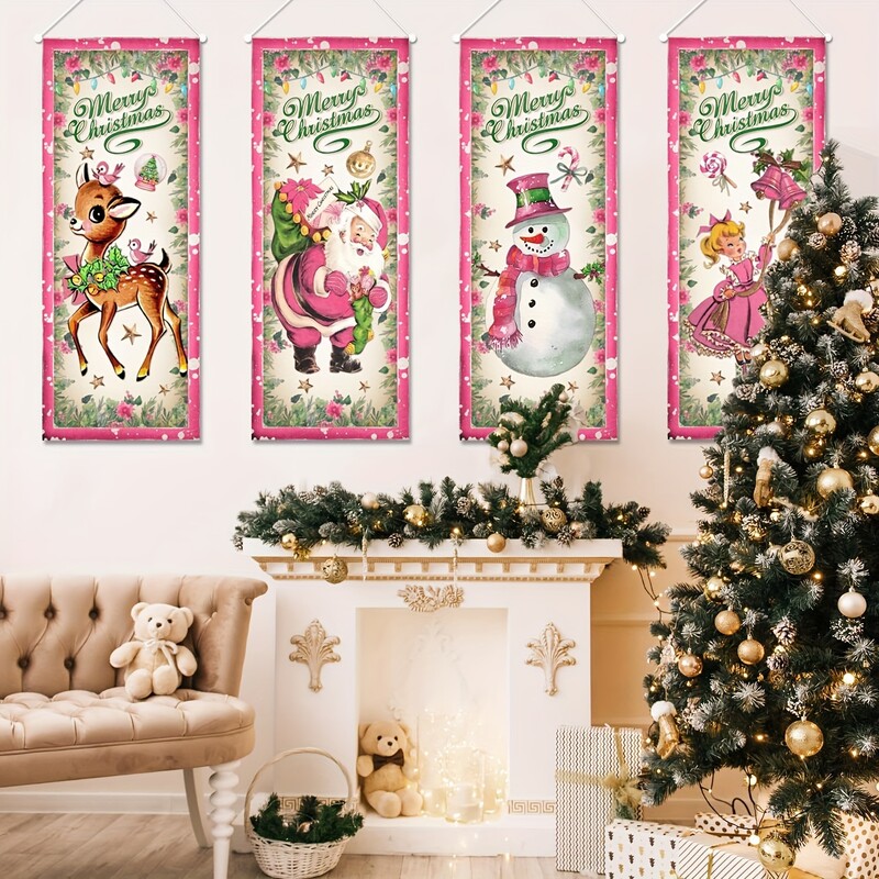 Nagy, 4 részes szett karácsonyi rózsaszín vintage zászló, karácsonyi transzparens karácsonyi ajtóborító rózsaszín boldog karácsonyi zászló fali dekoráció