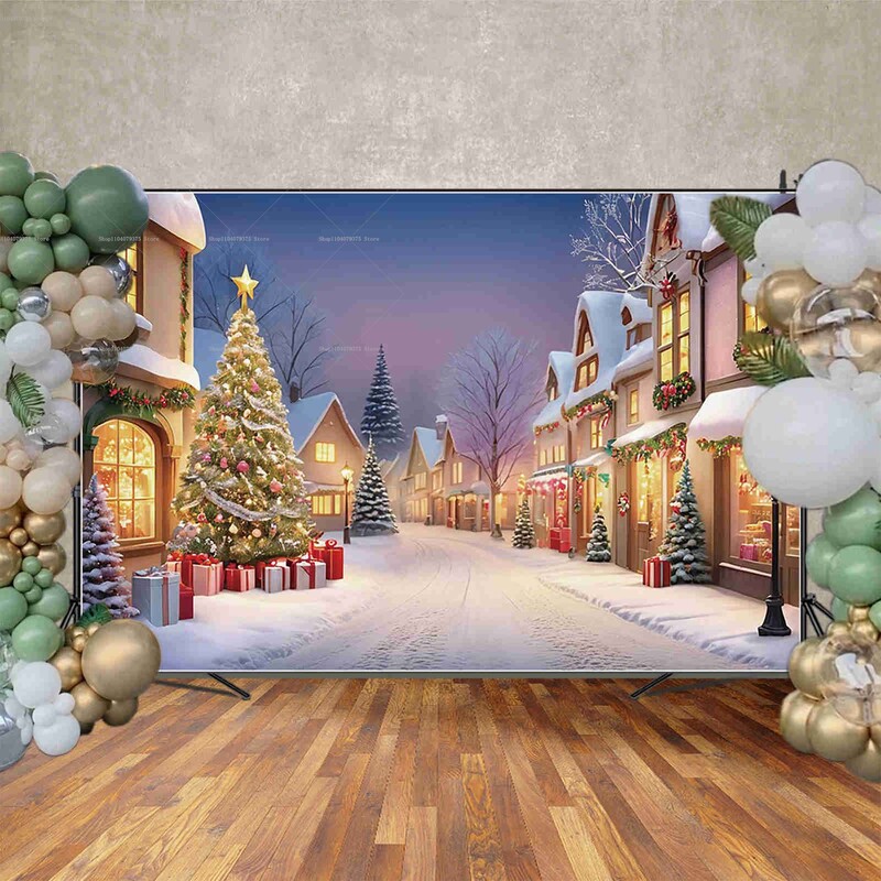 2024 Merry Christmas Village Backdrop δέντρα Δώρα 2025 Πρωτοχρονιά Διακόσμηση Φωτογραφία φόντου Photozone Studio Props