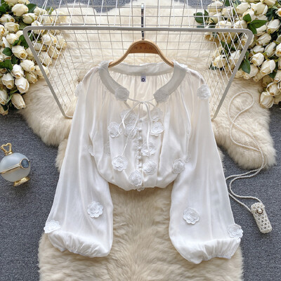 Hikigawa Chic Fashion női édes, finom 3D virágos patchwork fűzős ingek Vintage elegáns All Match bő blúz felső Mujer