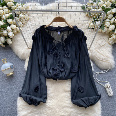 Hikigawa Chic Fashion női édes, finom 3D virágos patchwork fűzős ingek Vintage elegáns All Match bő blúz felső Mujer