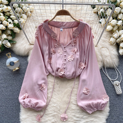 Hikigawa Chic Fashion női édes, finom 3D virágos patchwork fűzős ingek Vintage elegáns All Match bő blúz felső Mujer
