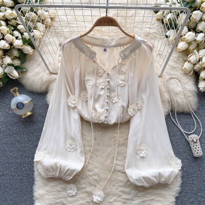 Hikigawa Chic Fashion női édes, finom 3D virágos patchwork fűzős ingek Vintage elegáns All Match bő blúz felső Mujer