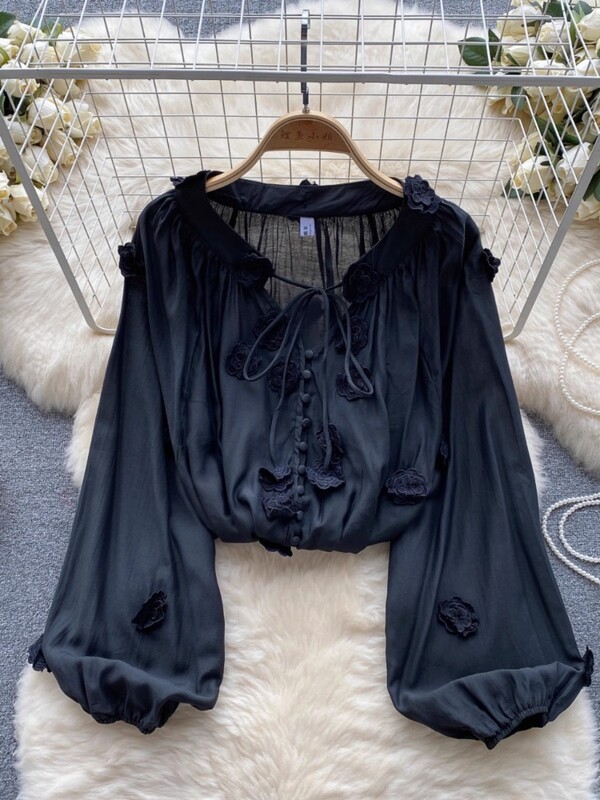 Hikigawa Chic Fashion női édes, finom 3D virágos patchwork fűzős ingek Vintage elegáns All Match bő blúz felső Mujer