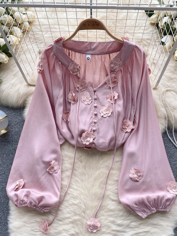 Hikigawa Chic Fashion női édes, finom 3D virágos patchwork fűzős ingek Vintage elegáns All Match bő blúz felső Mujer