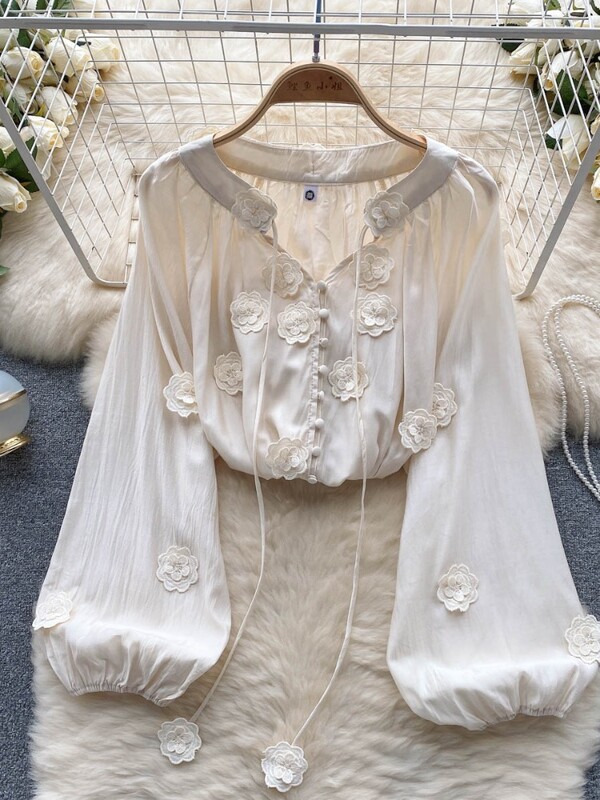 Hikigawa Chic Fashion női édes, finom 3D virágos patchwork fűzős ingek Vintage elegáns All Match bő blúz felső Mujer