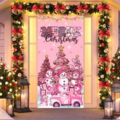 Rózsaszín karácsonyi hóember függő zászló a veranda ajtó banner karácsonyi dekoráció otthonra 2024 függő zászló Navidad újévi ajándék 2025