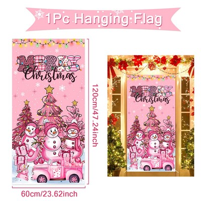 Rózsaszín karácsonyi hóember függő zászló a veranda ajtó banner karácsonyi dekoráció otthonra 2024 függő zászló Navidad újévi ajándék 2025