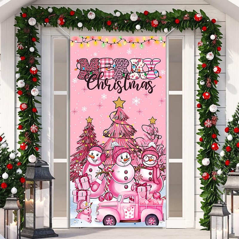 Rózsaszín karácsonyi hóember függő zászló a veranda ajtó banner karácsonyi dekoráció otthonra 2024 függő zászló Navidad újévi ajándék 2025