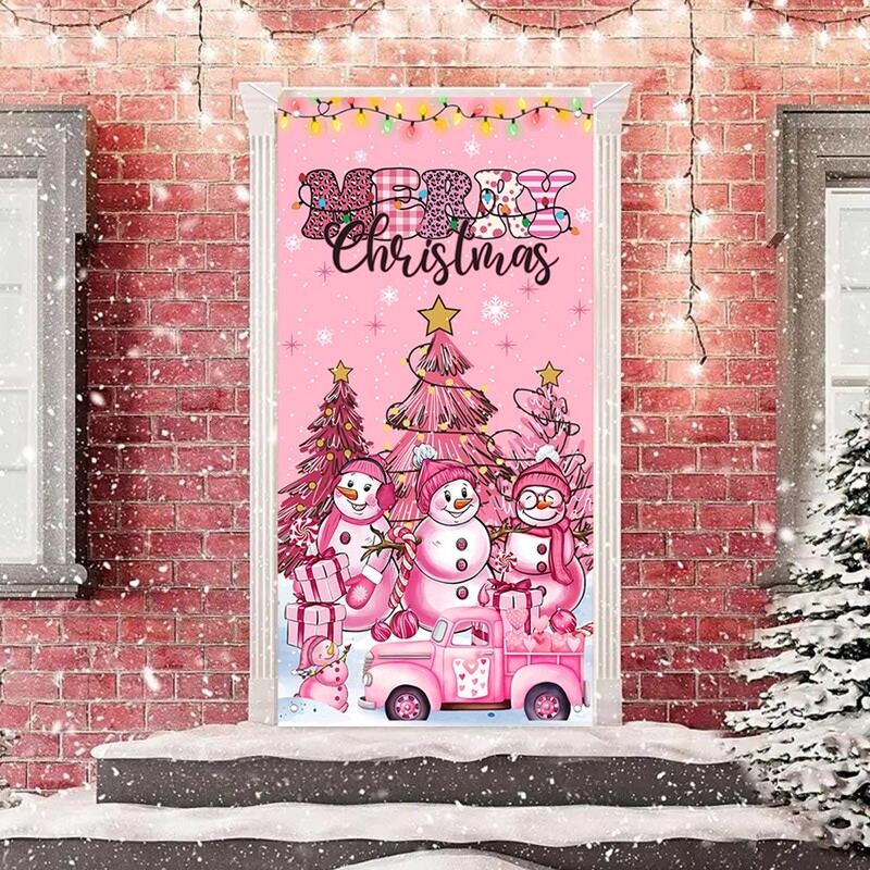 Rózsaszín karácsonyi hóember függő zászló a veranda ajtó banner karácsonyi dekoráció otthonra 2024 függő zászló Navidad újévi ajándék 2025