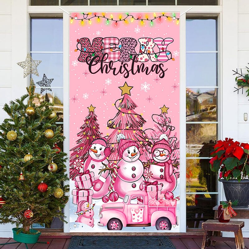 Rózsaszín karácsonyi hóember függő zászló a veranda ajtó banner karácsonyi dekoráció otthonra 2024 függő zászló Navidad újévi ajándék 2025