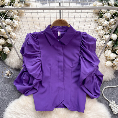 Francia Vintage Elegáns Puff Sleeve Lehajtható gallér Blúz Divat Elegáns felső Tündér tavaszi nyár női ing