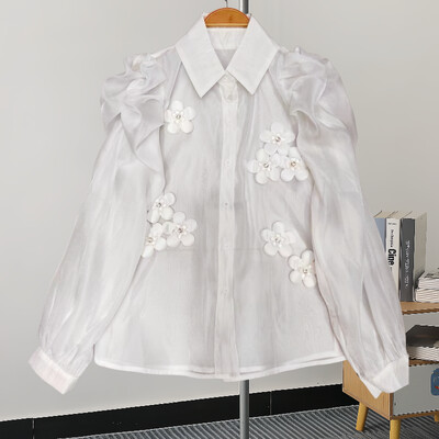 EWQ divatos 3D virágmintás ing női hajtóka gallér tömör hosszú ujjú, egysoros édes felsők Ruházat 2024 Új 27X173
