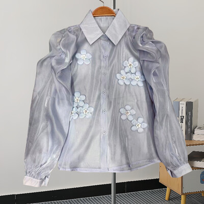 EWQ divatos 3D virágmintás ing női hajtóka gallér tömör hosszú ujjú, egysoros édes felsők Ruházat 2024 Új 27X173