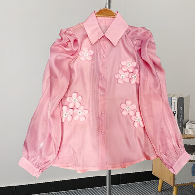 EWQ divatos 3D virágmintás ing női hajtóka gallér tömör hosszú ujjú, egysoros édes felsők Ruházat 2024 Új 27X173