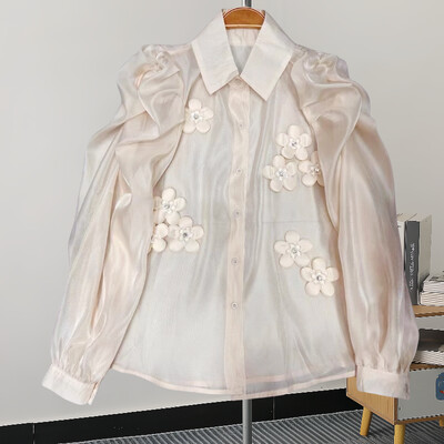 EWQ divatos 3D virágmintás ing női hajtóka gallér tömör hosszú ujjú, egysoros édes felsők Ruházat 2024 Új 27X173