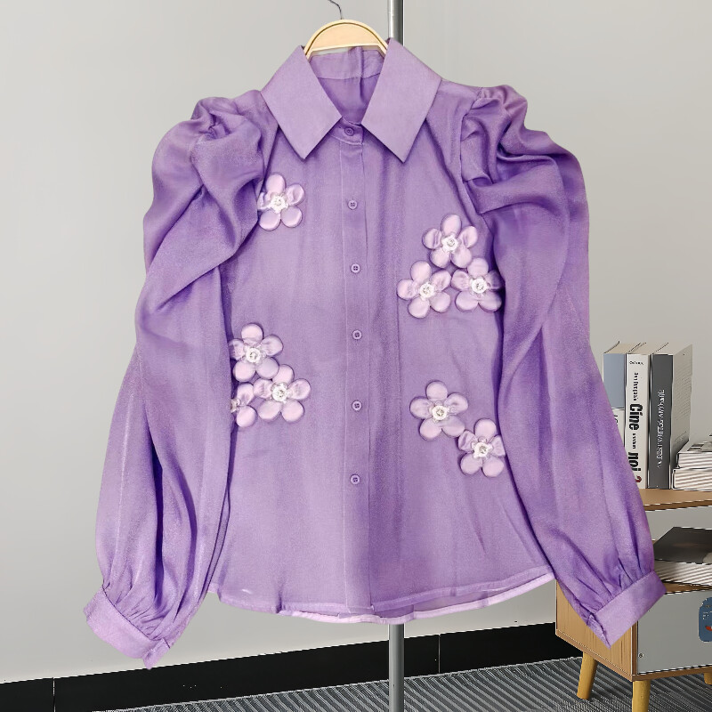 EWQ divatos 3D virágmintás ing női hajtóka gallér tömör hosszú ujjú, egysoros édes felsők Ruházat 2024 Új 27X173