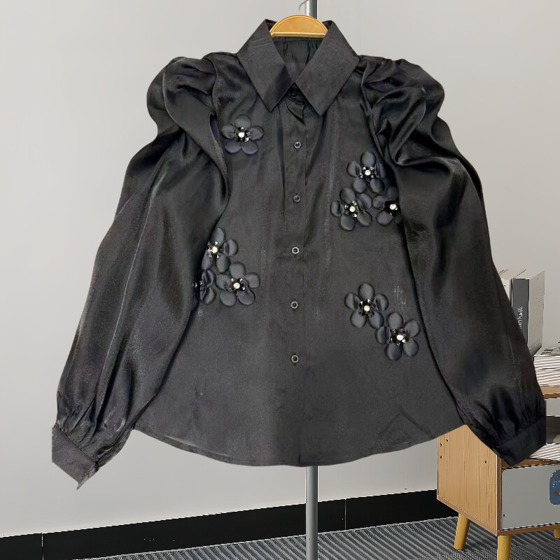 EWQ divatos 3D virágmintás ing női hajtóka gallér tömör hosszú ujjú, egysoros édes felsők Ruházat 2024 Új 27X173