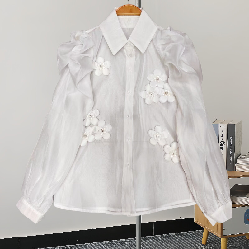 EWQ divatos 3D virágmintás ing női hajtóka gallér tömör hosszú ujjú, egysoros édes felsők Ruházat 2024 Új 27X173