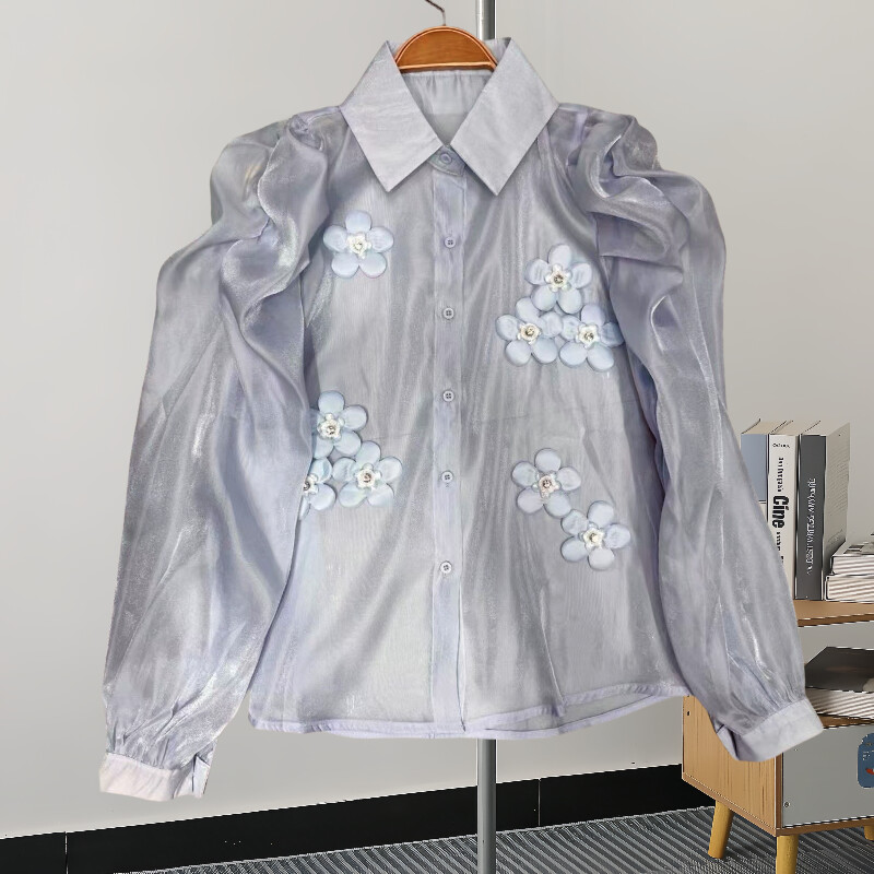 EWQ divatos 3D virágmintás ing női hajtóka gallér tömör hosszú ujjú, egysoros édes felsők Ruházat 2024 Új 27X173