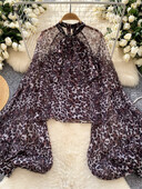 SINGREINY Leopárd sifon blúzok Női lámpás ujjak Alkalmi utcai ruházat masni fűzős őszi divat alapismeretek áttetsző bő felsők