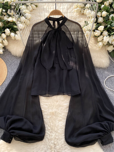 SINGREINY Leopárd sifon blúzok Női lámpás ujjak Alkalmi utcai ruházat masni fűzős őszi divat alapismeretek áttetsző bő felsők