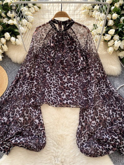 SINGREINY Leopárd sifon blúzok Női lámpás ujjak Alkalmi utcai ruházat masni fűzős őszi divat alapismeretek áttetsző bő felsők