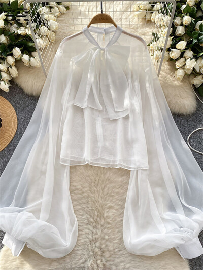 SINGREINY Leopárd sifon blúzok Női lámpás ujjak Alkalmi utcai ruházat masni fűzős őszi divat alapismeretek áttetsző bő felsők