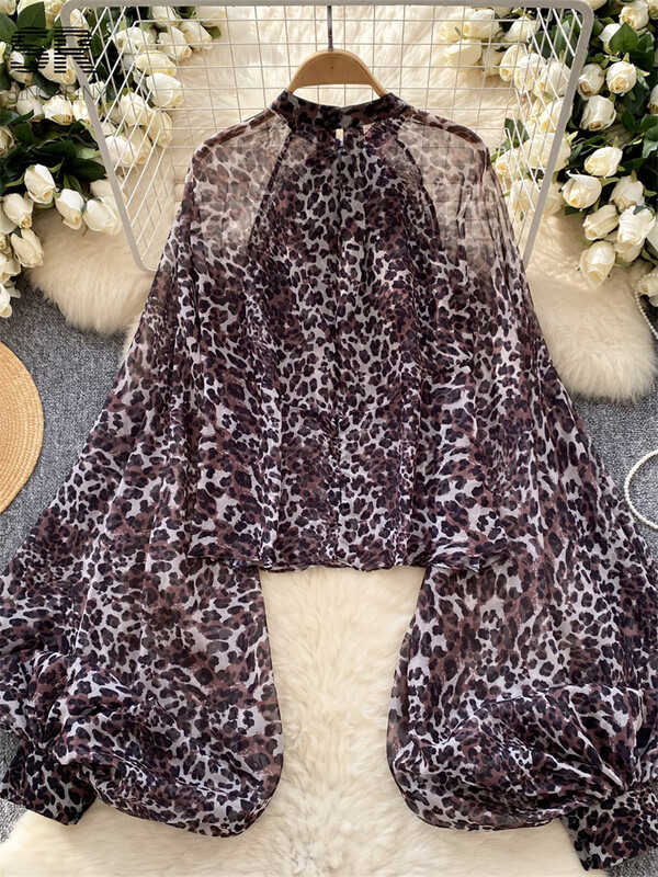 SINGREINY Leopárd sifon blúzok Női lámpás ujjak Alkalmi utcai ruházat masni fűzős őszi divat alapismeretek áttetsző bő felsők