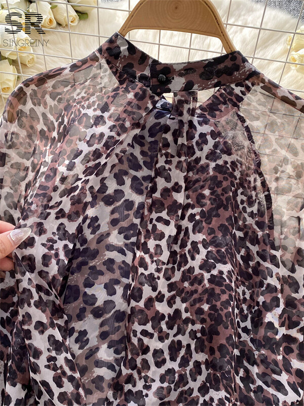 SINGREINY Leopárd sifon blúzok Női lámpás ujjak Alkalmi utcai ruházat masni fűzős őszi divat alapismeretek áttetsző bő felsők
