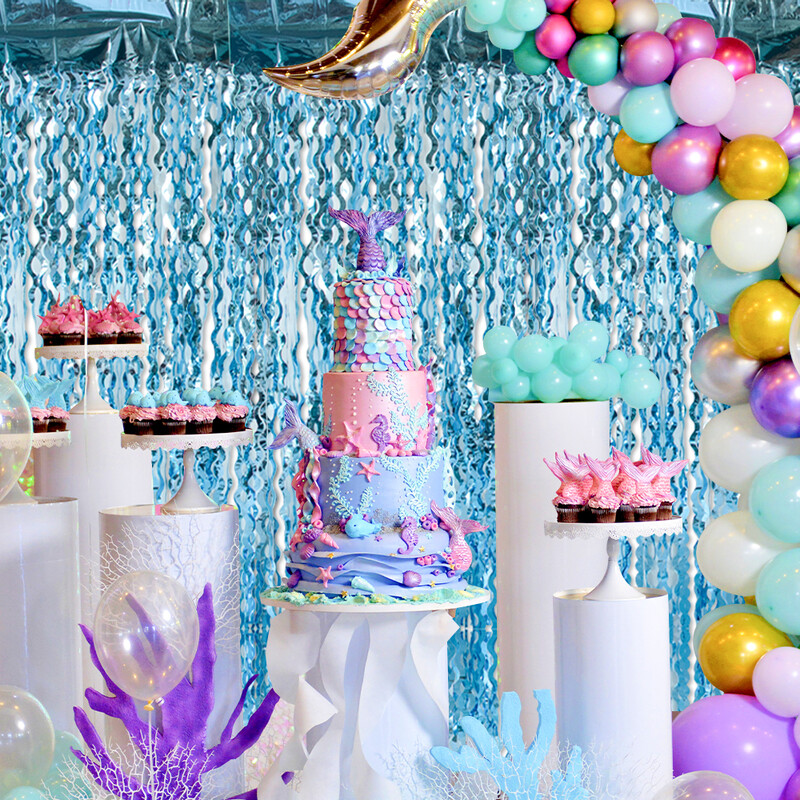 1x2M világoskék parti hullámos fólia függöny fémes talmi fólia rojtos függöny Háttér dekoráció sellő téma születésnapi dekoráció