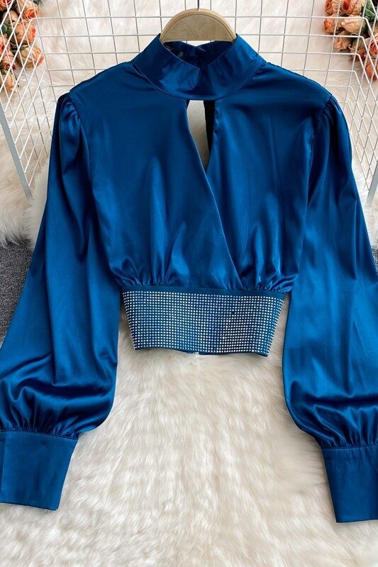 blúz női hosszú ujjú szatén ingek női blusas rugalmas derék flitterek koreai stílusú crop felsők 2022