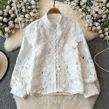 EWQ Causal Lace Hollow Out Shirt Дамска модна щанд яка с дълъг ръкав Едноцветни горнища с една гърда Облекло 2024 Ново 27X522