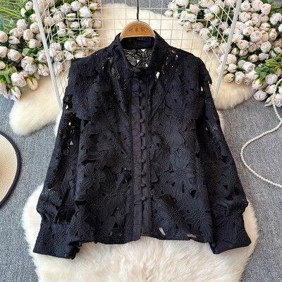 EWQ kausaliniai nėriniai tuščiaviduriai marškinėliai moteriški madingi stovi apykaklės ilgomis rankovėmis vienspalviai vienspalviai viršutiniai drabužiai 2024 m. Nauji 27X522