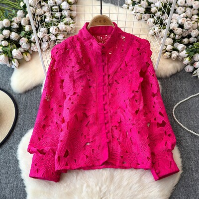 EWQ kausaliniai nėriniai tuščiaviduriai marškinėliai moteriški madingi stovi apykaklės ilgomis rankovėmis vienspalviai vienspalviai viršutiniai drabužiai 2024 m. Nauji 27X522