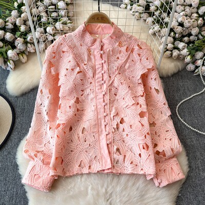 EWQ kausaliniai nėriniai tuščiaviduriai marškinėliai moteriški madingi stovi apykaklės ilgomis rankovėmis vienspalviai vienspalviai viršutiniai drabužiai 2024 m. Nauji 27X522