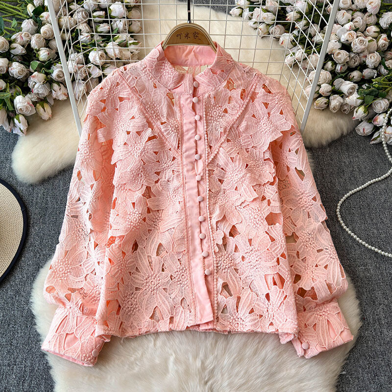 EWQ kausaliniai nėriniai tuščiaviduriai marškinėliai moteriški madingi stovi apykaklės ilgomis rankovėmis vienspalviai vienspalviai viršutiniai drabužiai 2024 m. Nauji 27X522