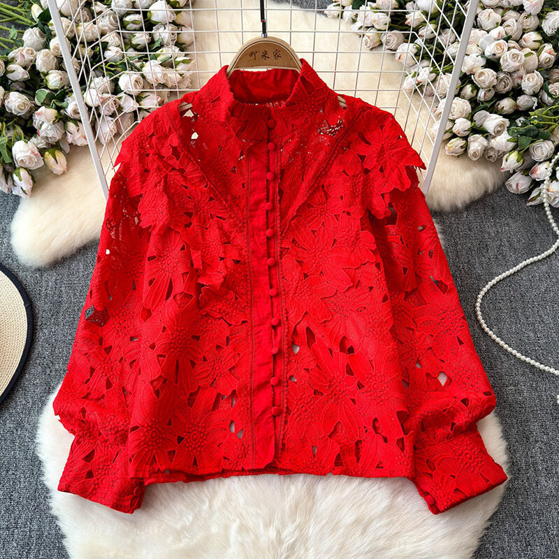 EWQ kausaliniai nėriniai tuščiaviduriai marškinėliai moteriški madingi stovi apykaklės ilgomis rankovėmis vienspalviai vienspalviai viršutiniai drabužiai 2024 m. Nauji 27X522