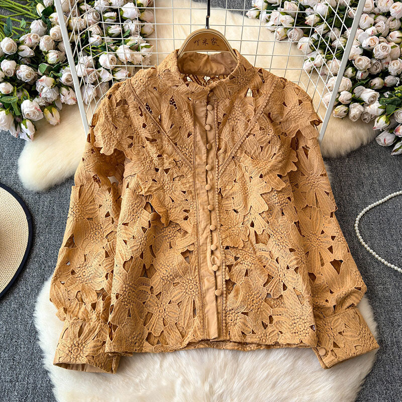 EWQ kausaliniai nėriniai tuščiaviduriai marškinėliai moteriški madingi stovi apykaklės ilgomis rankovėmis vienspalviai vienspalviai viršutiniai drabužiai 2024 m. Nauji 27X522