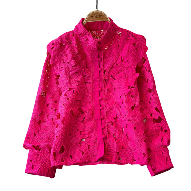 EWQ kausaliniai nėriniai tuščiaviduriai marškinėliai moteriški madingi stovi apykaklės ilgomis rankovėmis vienspalviai vienspalviai viršutiniai drabužiai 2024 m. Nauji 27X522