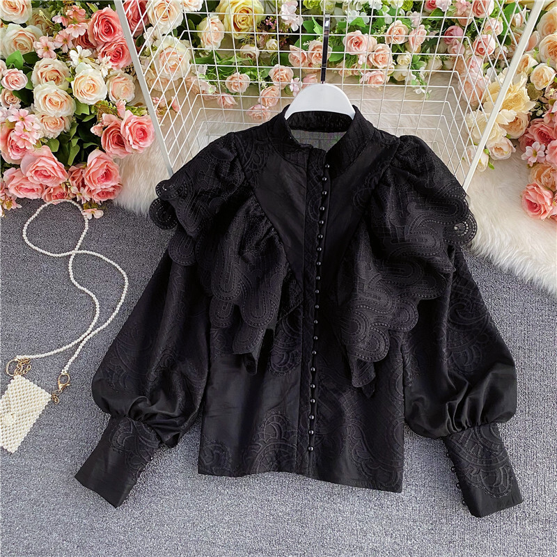 Īpašais piedāvājums pavasara rudens sieviešu blūze Augstas kvalitātes vintage tiesas stila statīvs apkakle laterna piedurknēm volāniem mežģīņu krekls